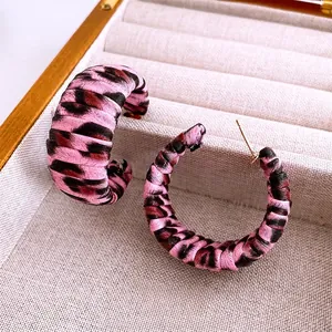 Vintage C-shaped hoop earrings with pink leopard print fabric wrap and gold studs