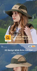 Detail of wide brim outdoor sun hat with adjustable chin strap and mountain embroidery