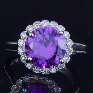 5ct purple gemstone halo ring in silver setting with brilliant round cut stones