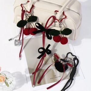 Cute Cherry Bow Keychain Hand-Woven Heart Cross Pendant Zinc Alloy Rhinestone Plush Ball Fashion Bag Hanging Accessories