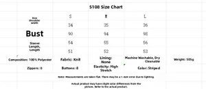 Detailed size chart for striped knit sweater with fabric specs and garment measurements