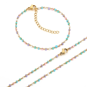Parure de bijoux bohème en acier inoxydable avec perles colorées et chaîne dorée