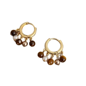 Boucles d'oreilles créoles vintage en or 18 carats avec œil de tigre et perles pour femme