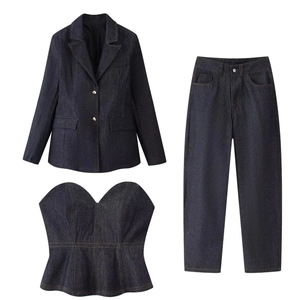 Blazer De Mezclilla Para Mujer Top Corsé Y Pantalones Anchos Azul Oscuro Conjunto De Moda Casual Retro