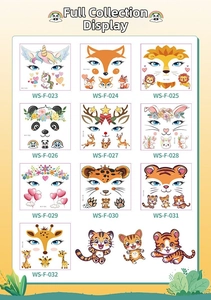 Collection of ten cartoon animal face temporary tattoos including panda and lion designs