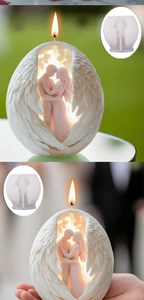 Detailed view of DIY silicone mold and 3D angel wings couple candle on green grass