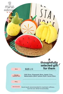 Macro detail of various plush fruit and vegetable toys including sizes 17cm to 35cm