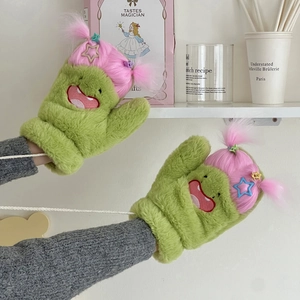 Moufles en peluche vert drôle avec bordure rose et motif de visage souriant mignon