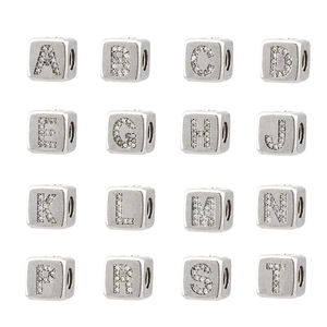 Silver square letter beads with zircon inlay for DIY bracelet necklace charms jewelry