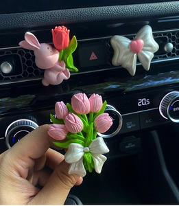 Close-up of cute rabbit and tulip bouquet car air vent aromatherapy clips set