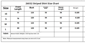 Size chart for striped long sleeve shirt with detailed measurements for XS to L sizes