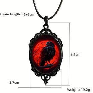 Gothic raven necklace specs with 45+5cm chain length and 6.3x3.7cm red moon pendant