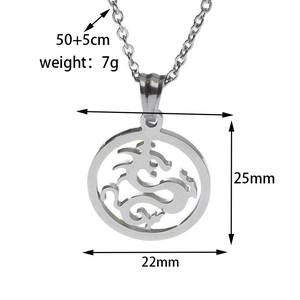 Detailed specs of hollow dragon pendant with size 22mm x 25mm and 50cm stainless steel chain