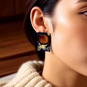 Artistic rectangular resin stud earrings with oil painting pattern on knit sweater