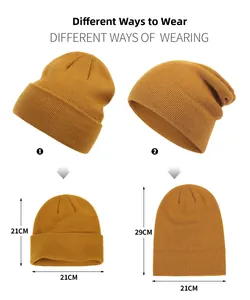 Guide des tailles détaillé pour bonnet en tricot jaune moutarde avec dimensions