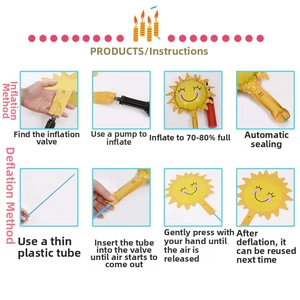 Instructional guide showing how to inflate and deflate the sun-shaped foil balloon set