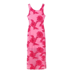 Close-up of rose pink sleeveless maxi dress featuring 3D floral embroidery on mesh fabric