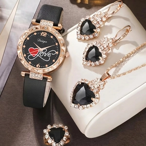Elegant rose gold women's watch set with heart-shaped black gemstone jewelry collection