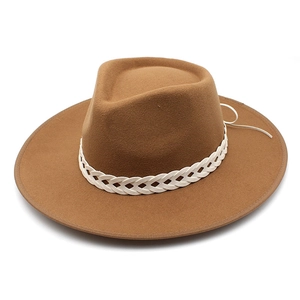Classic brown wool fedora hat with wide brim and white woven decorative band for autumn winter