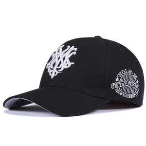 Classic black cotton baseball cap with white 3D embroidery and side badge detail