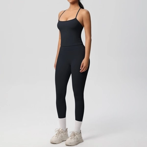 Full view of black high-waist yoga leggings and slim fit sports tank top set