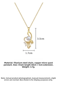 Detailed view of gold plated titanium steel necklace with pearl pendant and dimensions