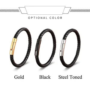 Braided leather bracelet with optional color metal clasps in gold, black and silver steel