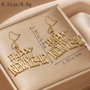 Orecchini a pendente dorati Happy New Year con lettere festive e dimensioni