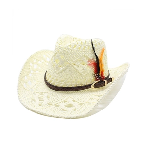 Close-up of hollowed straw cowboy hat featuring a leather band and decorative feather