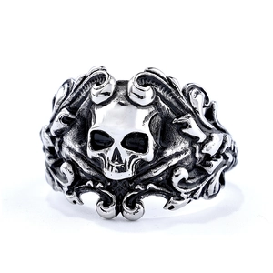 Vintage stainless steel skull ring with floral carvings in retro punk style for men