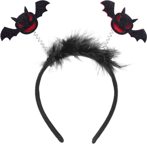 Halloween bat headband with red and black sequins and fluffy feather trim decor