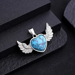 Natural heart-shaped turquoise angel wing pendant necklace in polished silver finish
