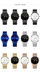 Grid display of twelve quartz watches featuring mesh bands and date window in various colors