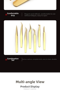 Close-up of golden stainless steel lash tweezers set with various precision tips