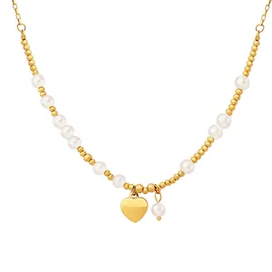 Heart Pendant Necklace 18K Gold Plated Titanium Steel Imitation Artificial Pearl Beaded Clavicle Chain For Women Minimalist Jewelry