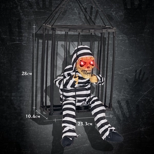 Animated Halloween cage prisoner prop with glowing red eyes and sound, 28cm size guide