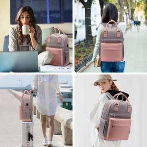 Detail showing grey-pink backpack with luggage strap, USB port, and versatile daily use