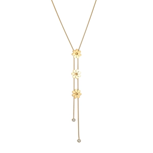 Vue détaillée du collier doré en Y avec fleurs de marguerites et cristaux pendants