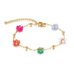 Bohemian beaded flower bracelet with gold stainless steel chain and lobster clasp