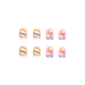 Short round press-on nails with colorful stripes and cloud patterns in candy gradient colors