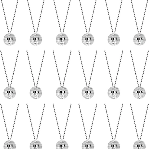 Bulk set of 18 silver disco ball necklaces with reflective mirror tiles on bead chains