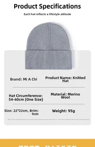 Detail of light blue cashmere beanie showing its soft texture and size specifications