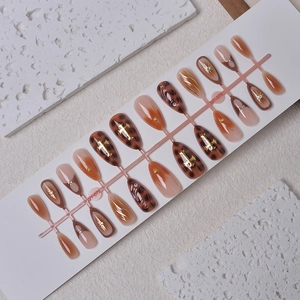 24pcs French gradient press-on nails with amber shell texture and gold cross details