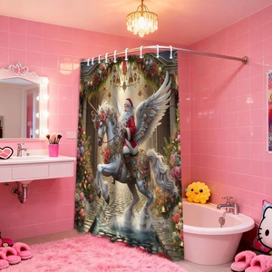 Detailed Christmas shower curtain featuring Santa on a unicorn in a pink bathroom
