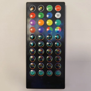 Detailed view of 40-key RGB LED remote control with timer and dynamic mode buttons