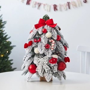 Desktop mini flocked cedar Christmas tree with red ornaments and bows for home decor