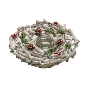 White wooden Nordic Christmas wreath candle holder with pine cones and red berries