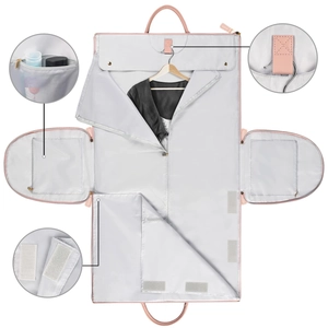 Detail view of foldable garment travel bag showing inner pockets and hanging structure