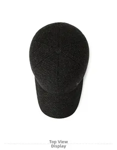 Top view of men's dark grey knitted winter baseball cap with textured stitching