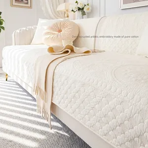 French Retro Embroidered Pure Cotton Sofa Cushion Quilted Non Slip Furniture Protector For Living Room Cream Style
